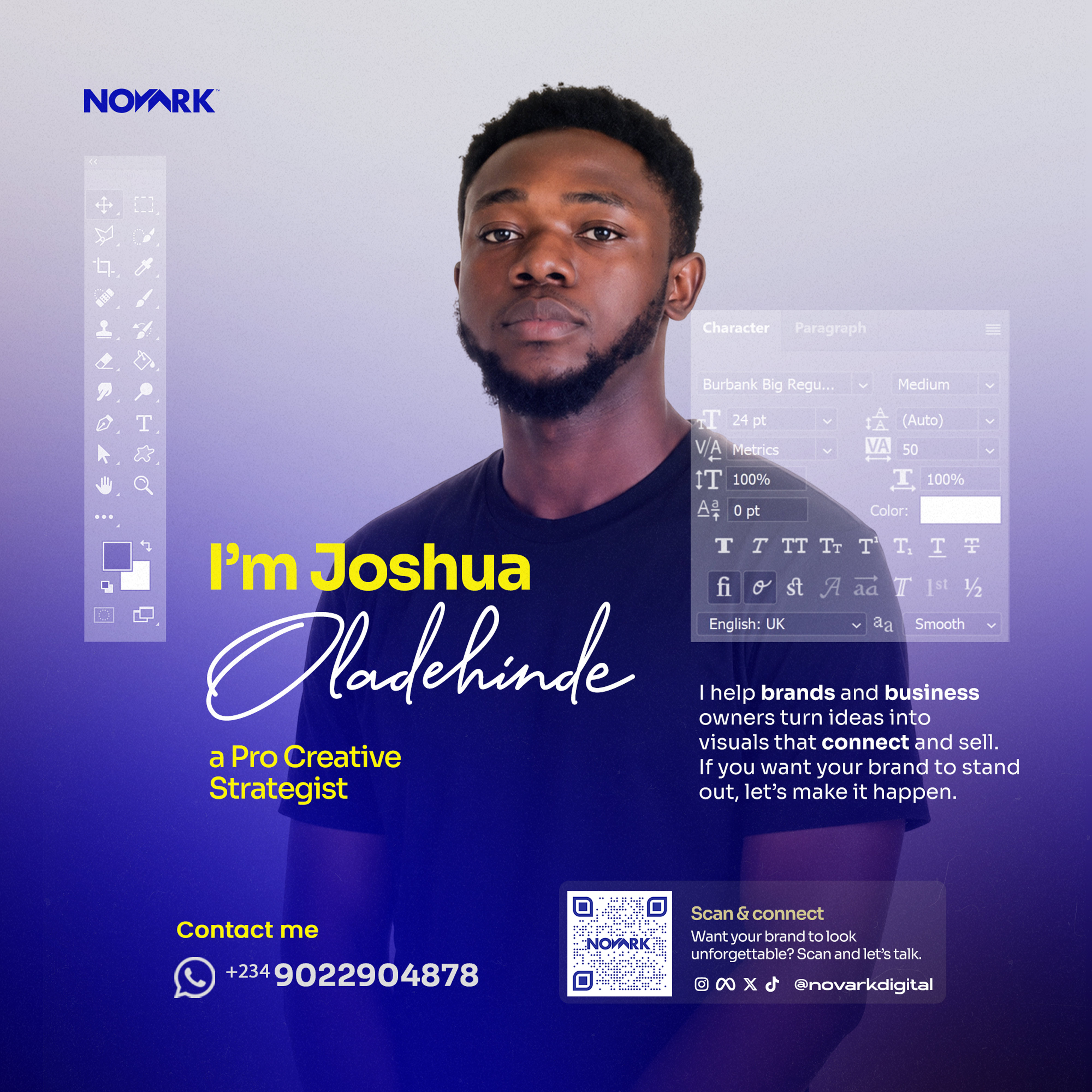 Novark Digital brand artwork featuring founder Joshua Oladehinde, creative strategist